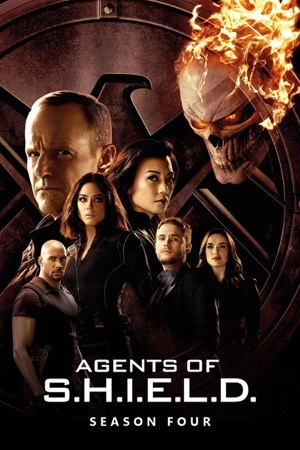 The cast arranged around a burning orange S.H.I.E.L.D. emblem, Ghost Rider's skull among them.