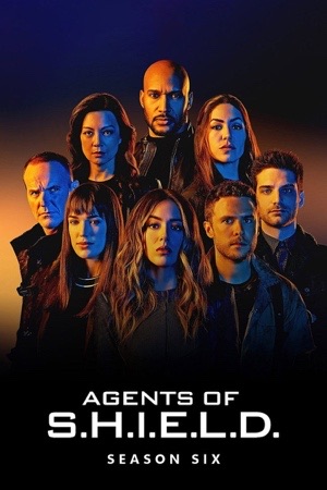 The cast lined up in strong blue and orange light, faces forward.