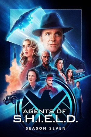 The cast in period costume around a rocket and a blue S.H.I.E.L.D. emblem.