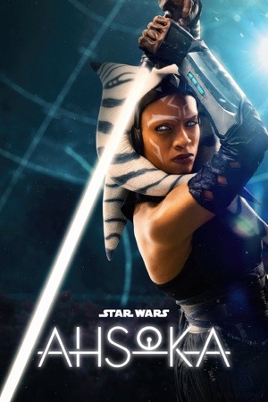 Rosario Dawson holding a white lightsaber across her face, in close-up.