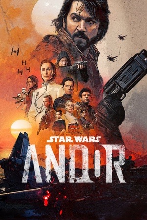 Diego Luna holding a blaster, the cast arranged below in warm desert oranges.