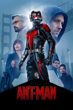 Ant-Man in his red and silver helmet, tiny against the Golden Gate Bridge, with Paul Rudd and Michael Douglas above.