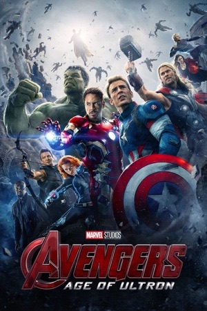 The Avengers in formation with Ultron's metal face looming behind them.