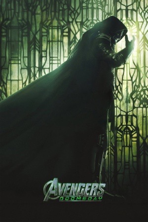 A hooded, masked figure in a dark green cloak against a wall of glowing green metalwork.