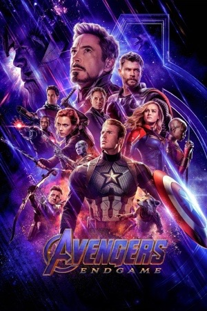 The surviving Avengers in matching white quantum suits, faces of the lost above them in purple.