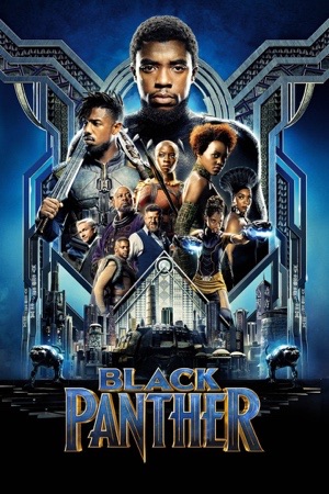 T'Challa on a carved throne in the black Panther suit, his warriors standing around him.