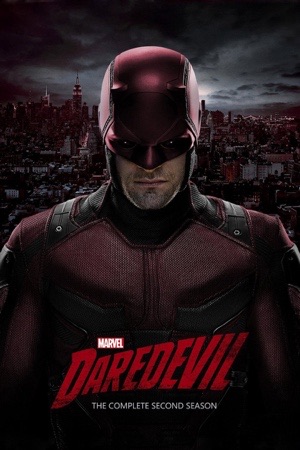 Daredevil in the red horned mask under heavy red rain, kneeling.