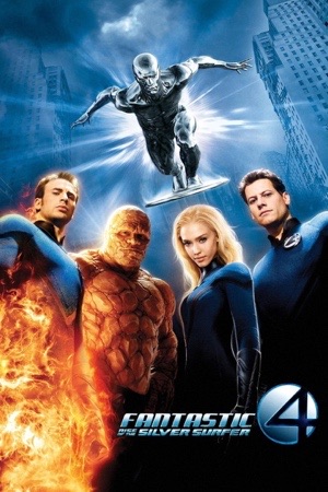 A chrome figure on a surfboard above four people in blue suits, skyscrapers behind.