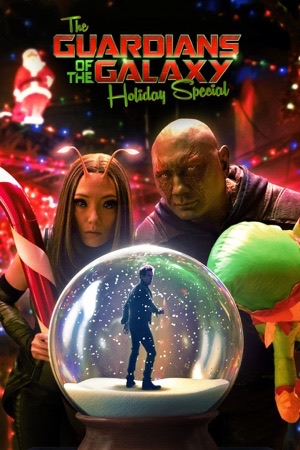 Mantis and Drax holding a snow globe with a figure inside, in bright Christmas red and green.