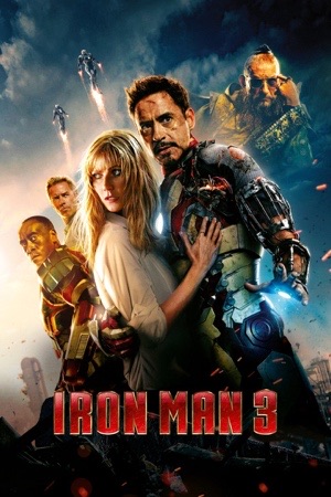 Tony Stark in a battered suit surrounded by dozens of empty armours, fire behind him.