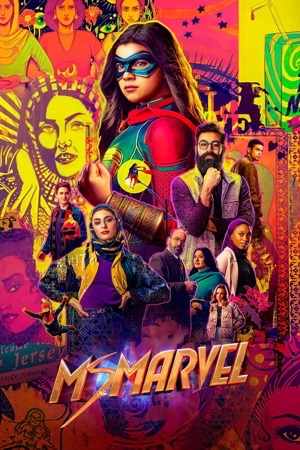 Iman Vellani in a red and blue costume against a wall of bright graffiti and painted faces.