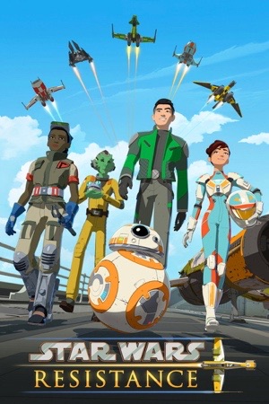 Animated pilots in front of an X-wing and a BB unit, in bright daylight colours.