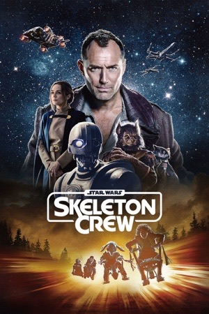 Jude Law standing over four small children, with a ship in the trees behind them.