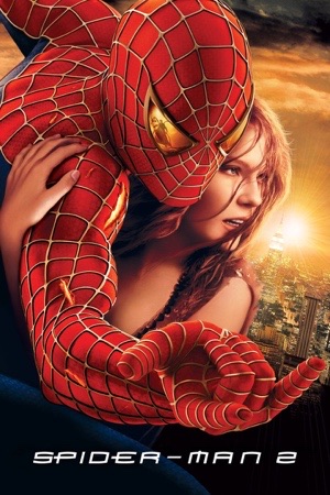 A masked figure holding a red-haired woman, a city skyline glowing behind them.