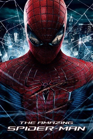A close-up of a red and blue mask with a torn chest emblem, city lights behind.
