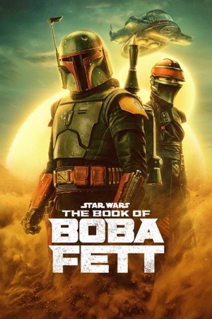Boba Fett in green armour seated on a throne with Fennec Shand beside him.