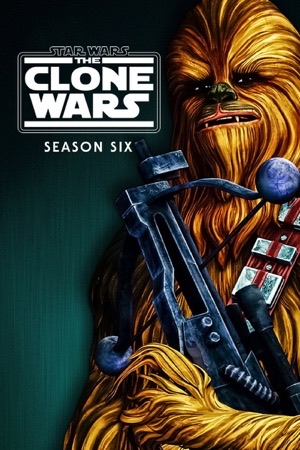 Animated Chewbacca holding a bowcaster against gold.