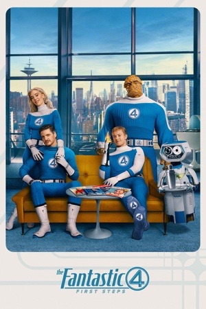 The four in blue suits sitting on a sixties couch in a bright retro-futurist apartment, a robot beside them.