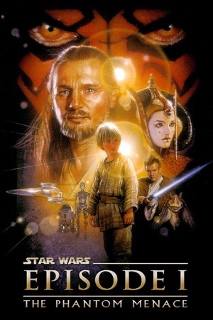 The young Anakin casting Darth Vader's shadow, with Qui-Gon, Obi-Wan and Padmé around him.