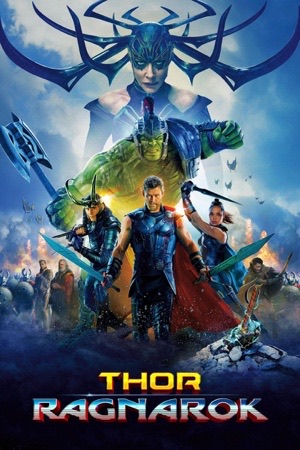 Thor in gladiator armour with a short haircut, flanked by Hulk, Valkyrie and Loki in acid greens and purples.