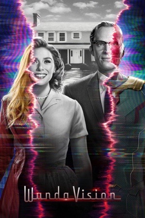 Elizabeth Olsen and Paul Bettany in fifties dress, breaking apart into colour television static.