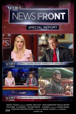 Four news-broadcast panels in red, including a shield-carrying figure captioned Lagos.